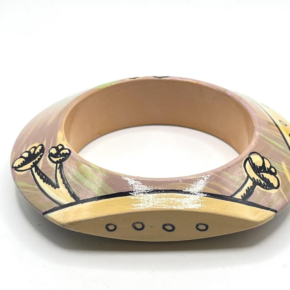 Vintage Lacquered Hand-Painted Floral Flower Mauve Purple Wood Bangle Bracelet